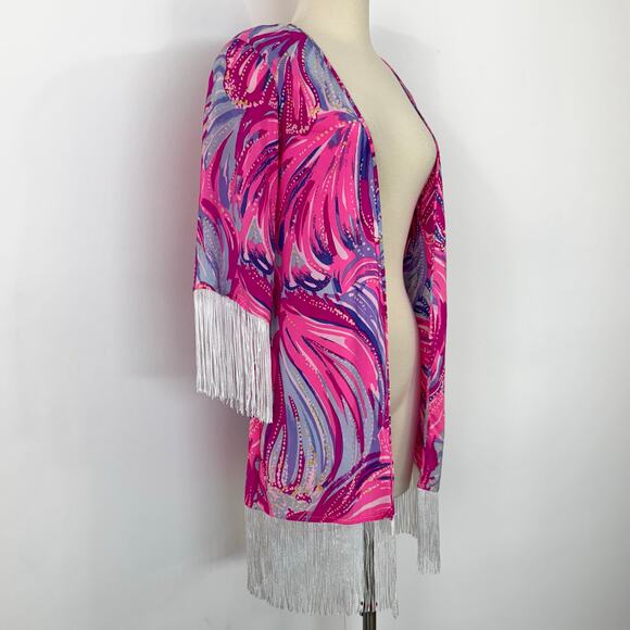 Lilly Pulitzer Noelle Silk Kimono Coverup Magenta Oh My Guava Fringe XS NWT - Picture 5 of 13